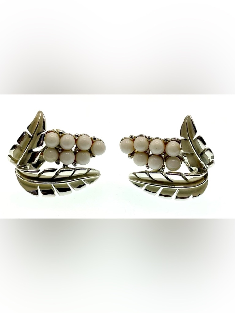 Vintage 50s Coro Silver Tone Clip On Earrings White Bead Wheat Leaf Mid Century
